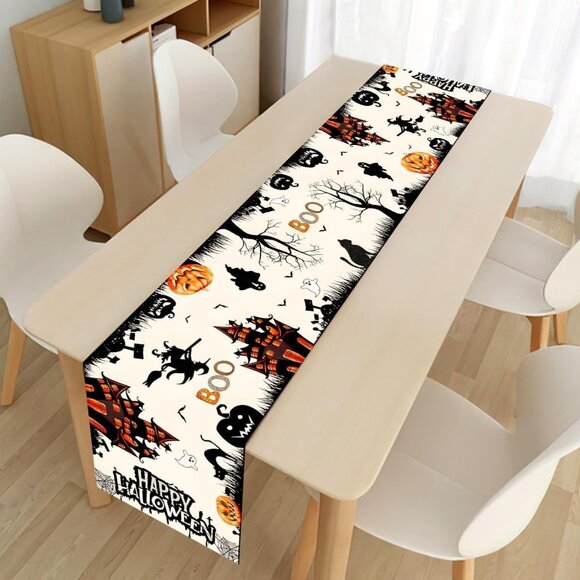 Halloween Haunted House Table Runner 13x72" Burlap Dining Table Décor with Ghost - Picture 5 of 5